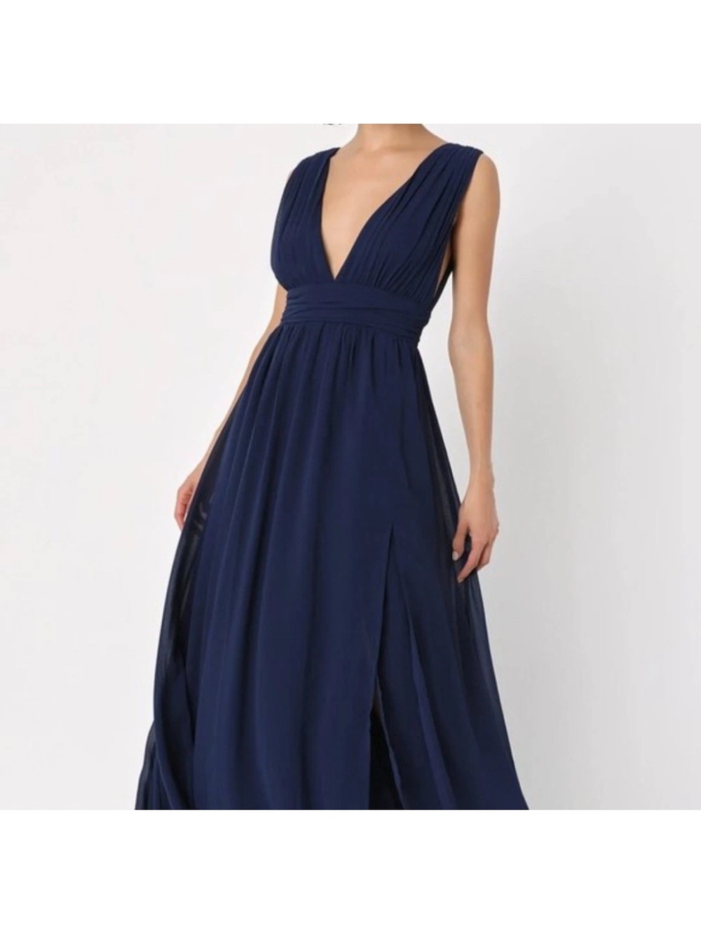Lulu's Navy Deep V-Pleated Prom Gown